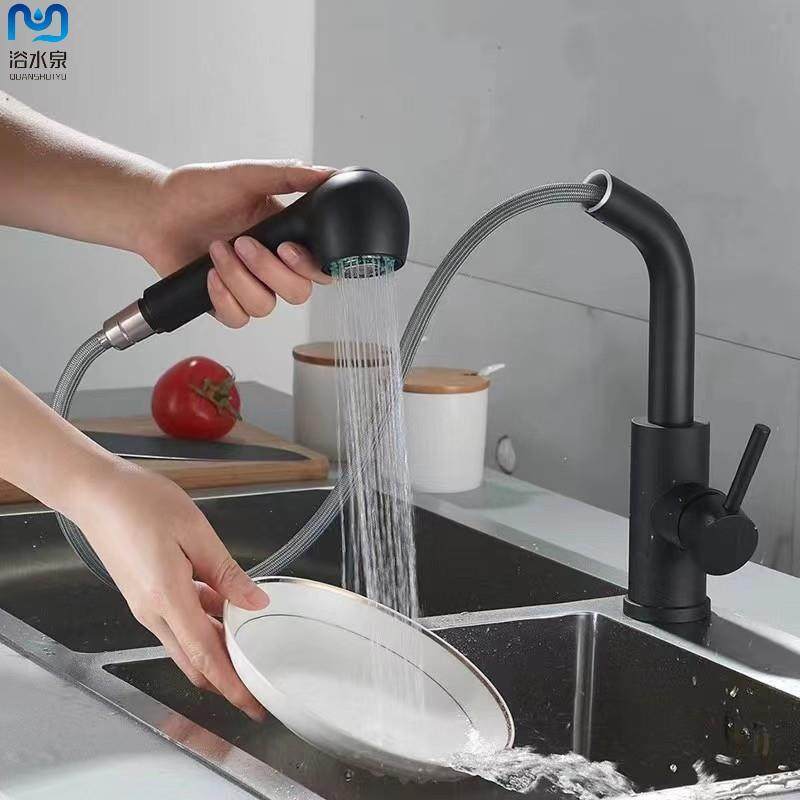 黑色抽拉龙头冷热厨房抽拉龙头水槽水池双功能烟斗款龙头烤漆电镀