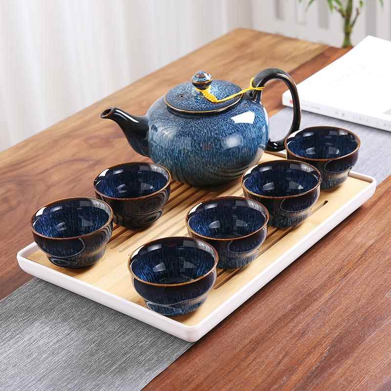 正品偲家逸壶霁蓝兔毫拉丝提梁壶茶具套装用变茶防烫带把窑茶杯送