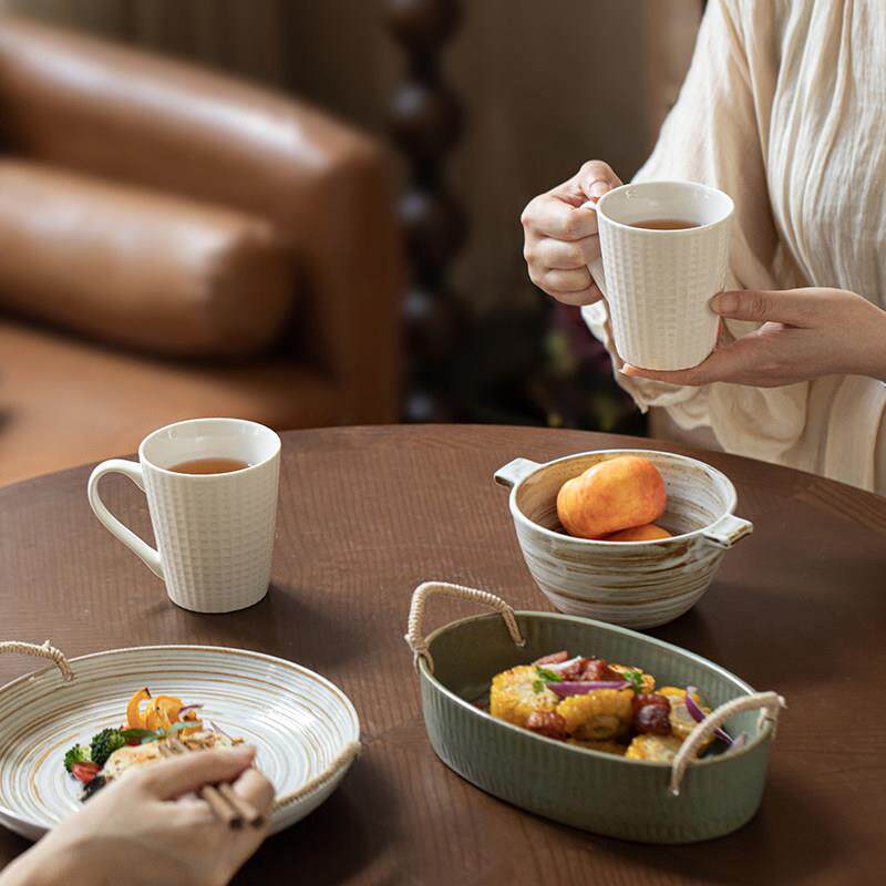 巷瓷子尾〖简约杯子套装家庭陶水厅杯〗6个带托盘客待客杯子套装
