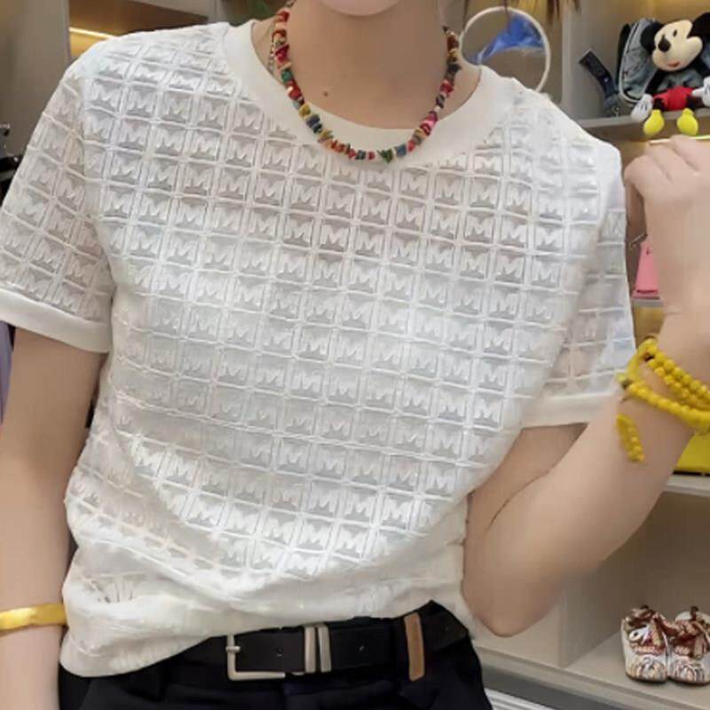 白色蕾丝镂空短袖T恤女2026春夏新款欧货宽松显瘦微透设计感上衣