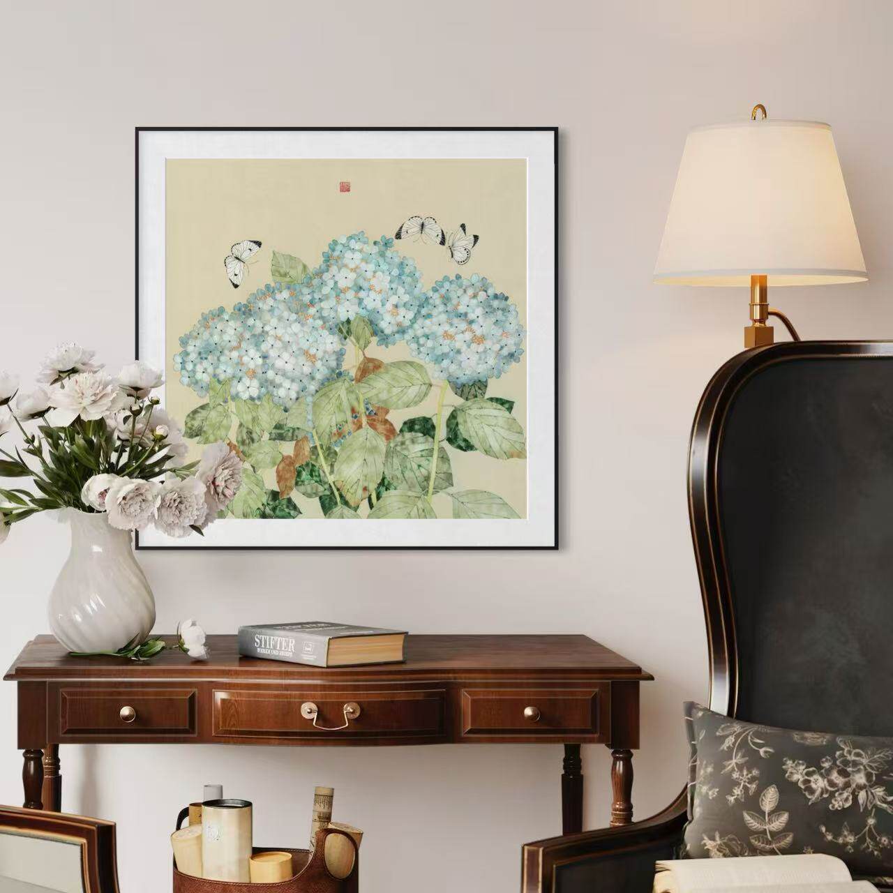 限量版画章君墨-工笔【静看花开】新中式挂画餐厅卧室客厅装饰画