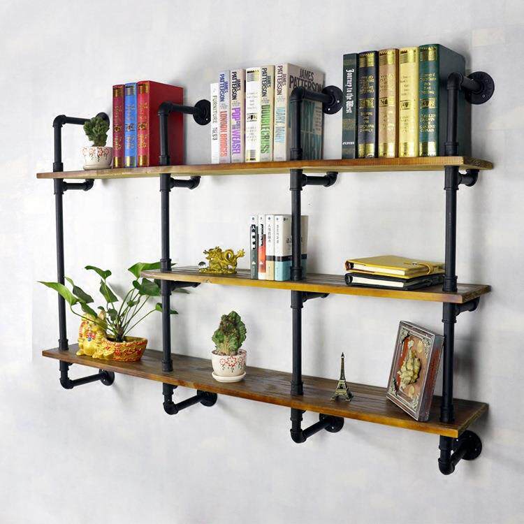 美式简易个性一字隔板墙上书架 家用客厅铁艺实木收纳层架置物架