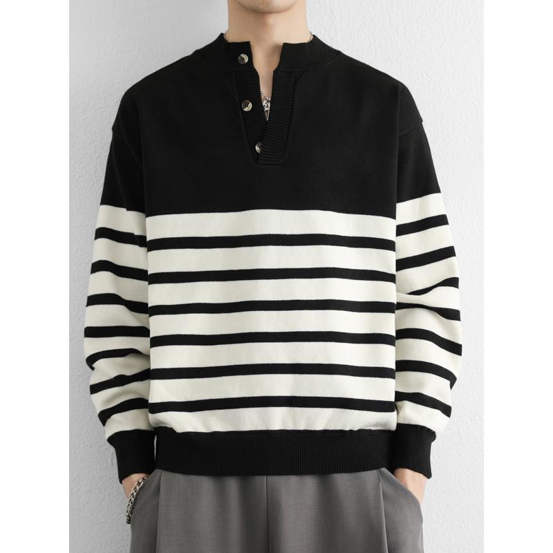 2025秋冬毛衣男潮流条纹黑白色打底衫V领显瘦针织衫上衣0921e