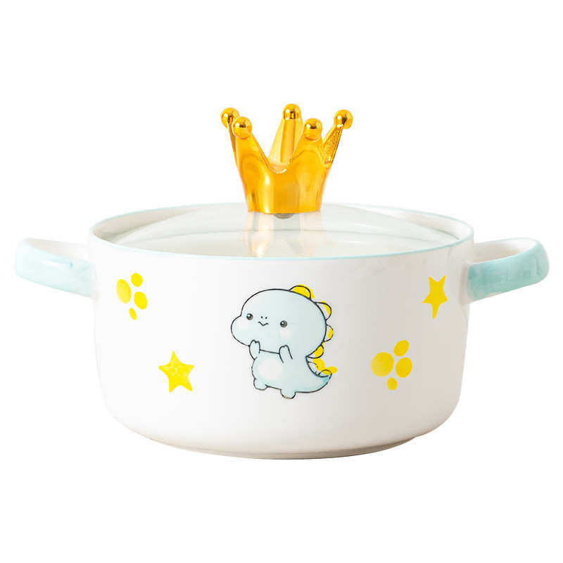 3RLM批发可爱陶瓷双耳泡面碗带盖宿舍学生带把手柄碗吃饭碗勺子一