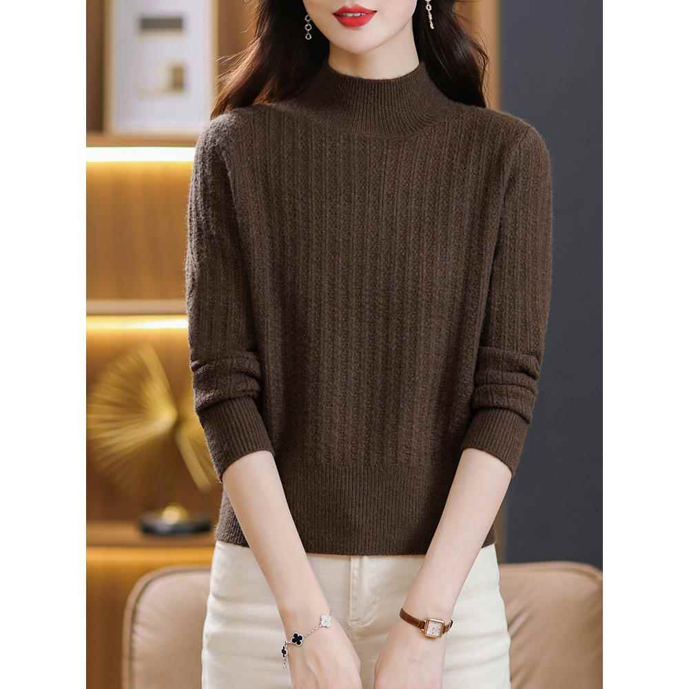 秋冬女式高腰短毛衣加厚半高领底衫2024新款小短棕色上衣