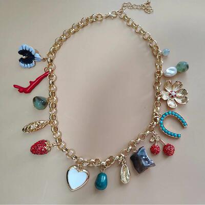 Vintage Jewelry Gold Color Acrylic Crystal Stone Coral Pearl