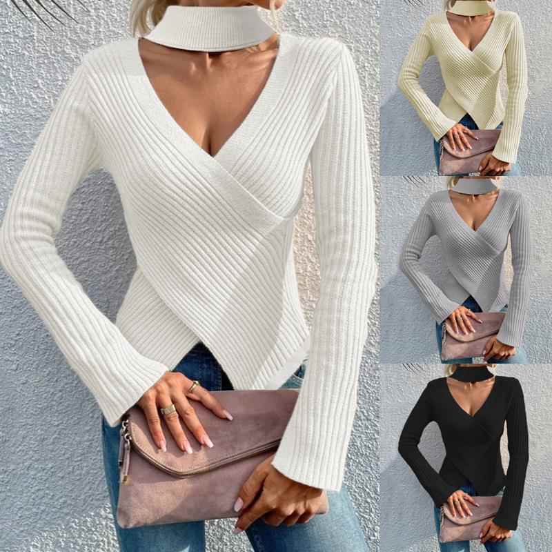 sweater knitted tops womens sweater V-neck neck halter