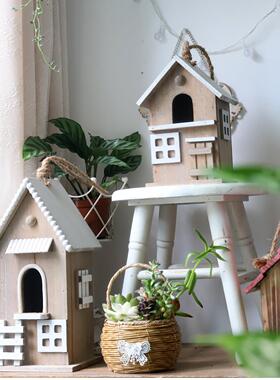 实木各类覆古做旧木质鸟屋花园装饰鸟笼壁挂饰品园艺杂货摆件组合