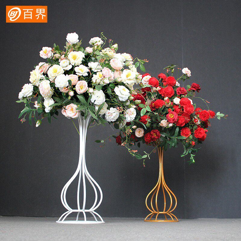 婚庆道具摆件金色花器中式铁艺装饰花瓶家用简易落地摆件包邮