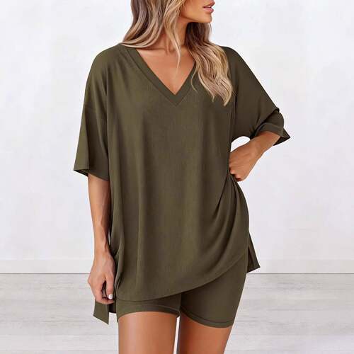 Women's 2 Piece Outfits Lounge Sets Oversized V-Neck Half