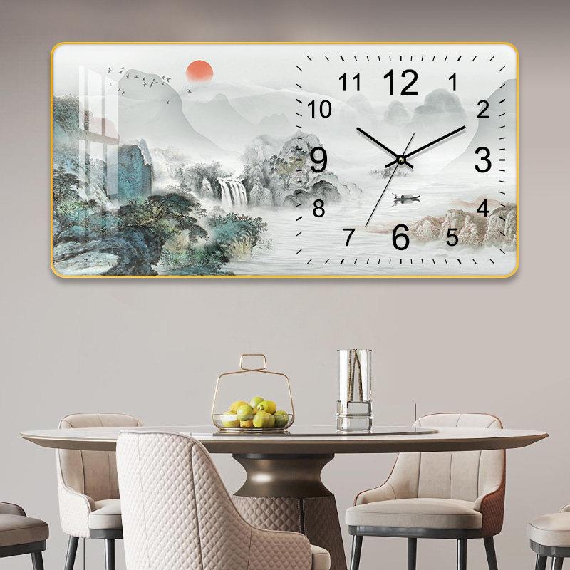 新中式餐厅装饰画带时钟高档山水风景画客厅挂画沙发背景墙画钟表