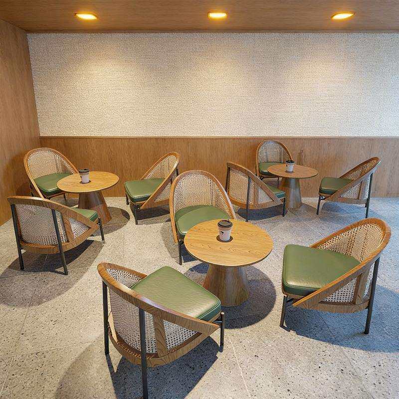 编藤实木休闲椅奶茶店书吧西餐厅简约双人沙发咖啡厅桌椅组合商用
