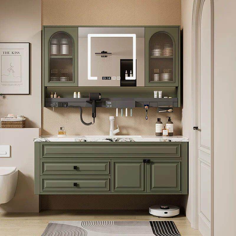 美式浴室柜组合陶瓷一体盆落地式岩板洗手洗脸盆卫生间洗漱台橡木