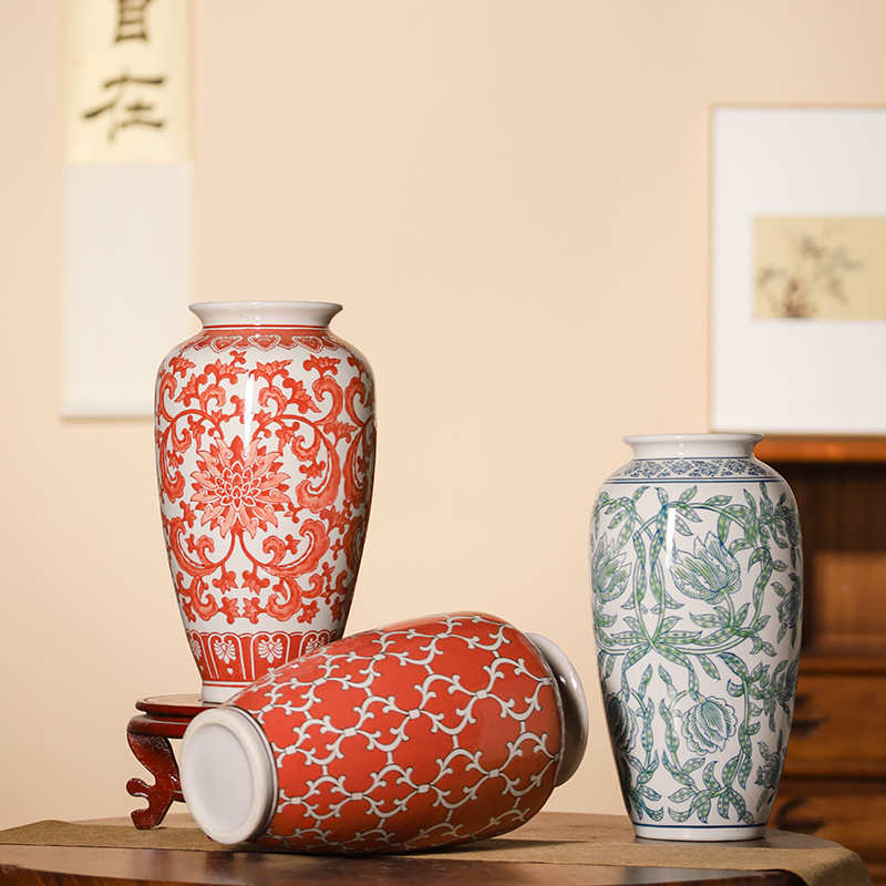景德镇陶瓷花瓶家居软装样板房酒店新中式花瓶干花摆件红色花瓶