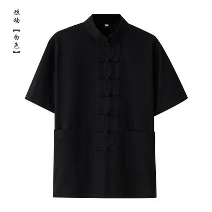 高档夏季棉男麻中国风短袖装女唐新服中式汉衬衫覆古盘扣居士服太