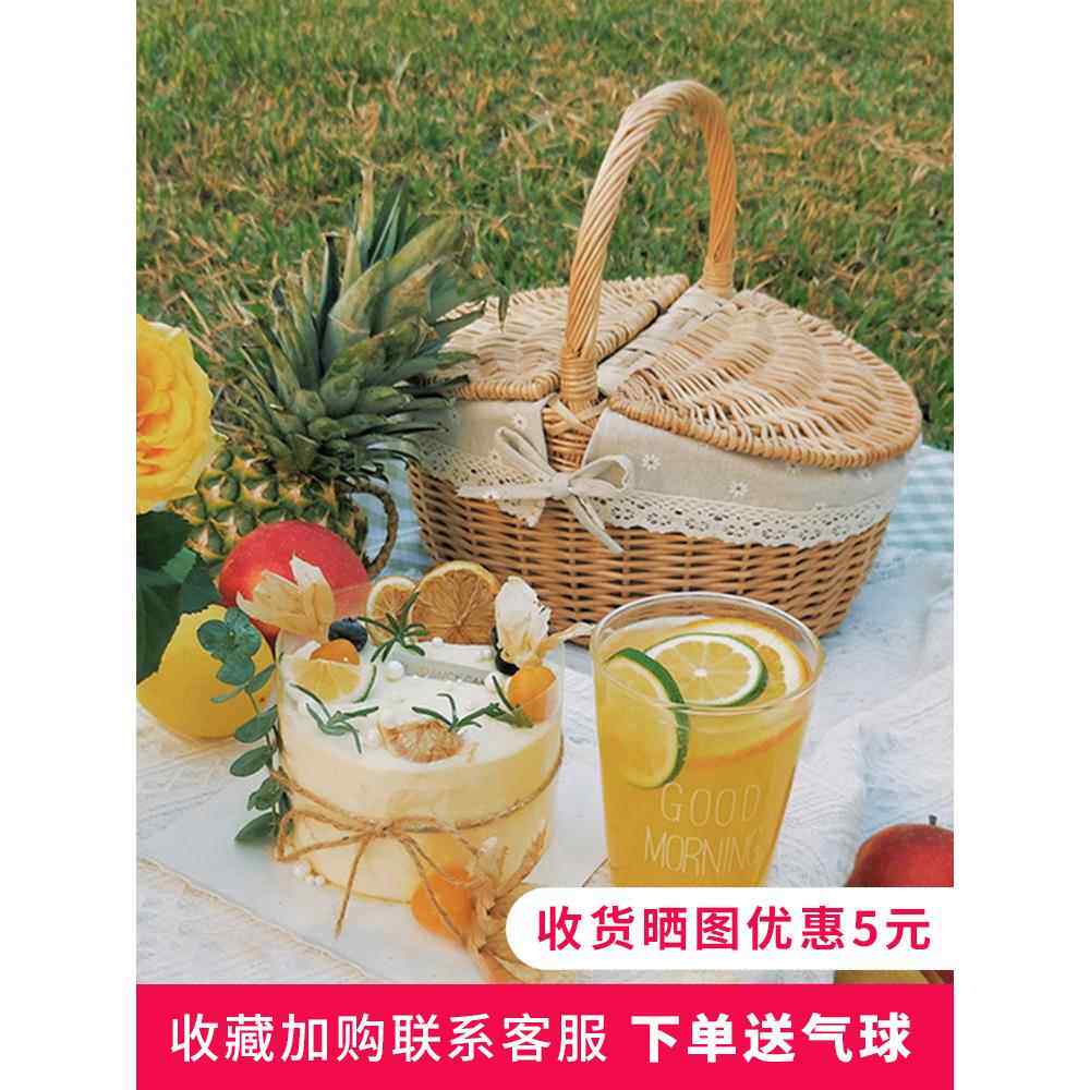 腾编的篮子挖野菜篮子手工编织成品蓝子野餐篮带盖子收纳筐手提篮