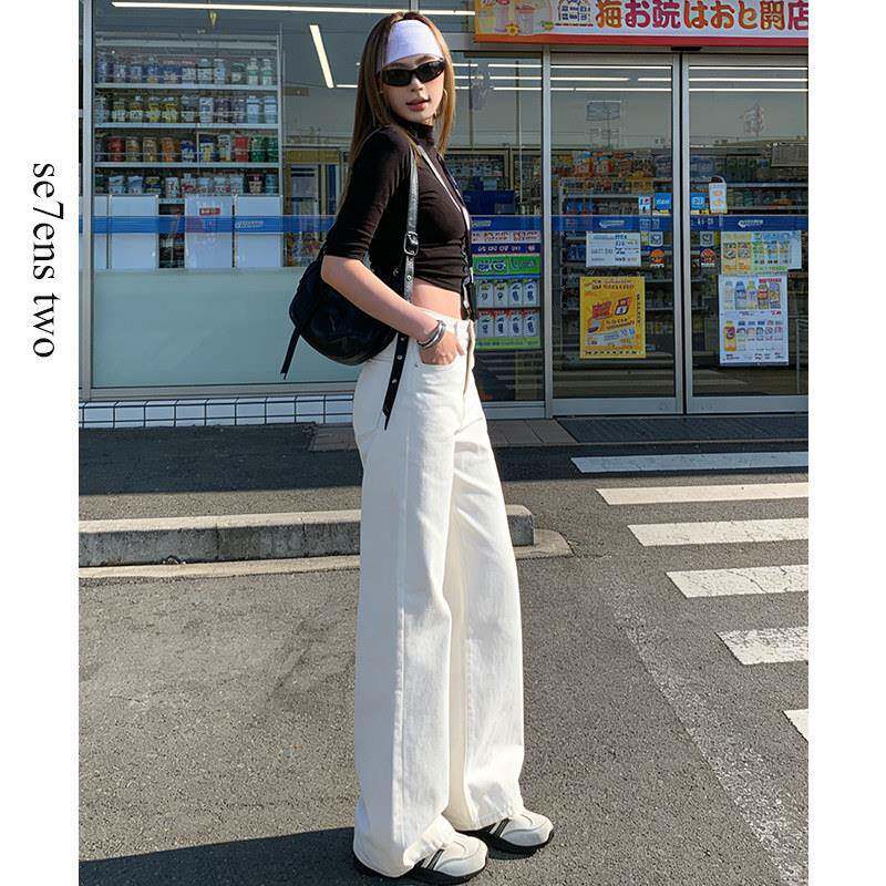 白色裤子窄版阔腿牛仔裤女春季2026新款高腰夏季薄款九分直筒裤