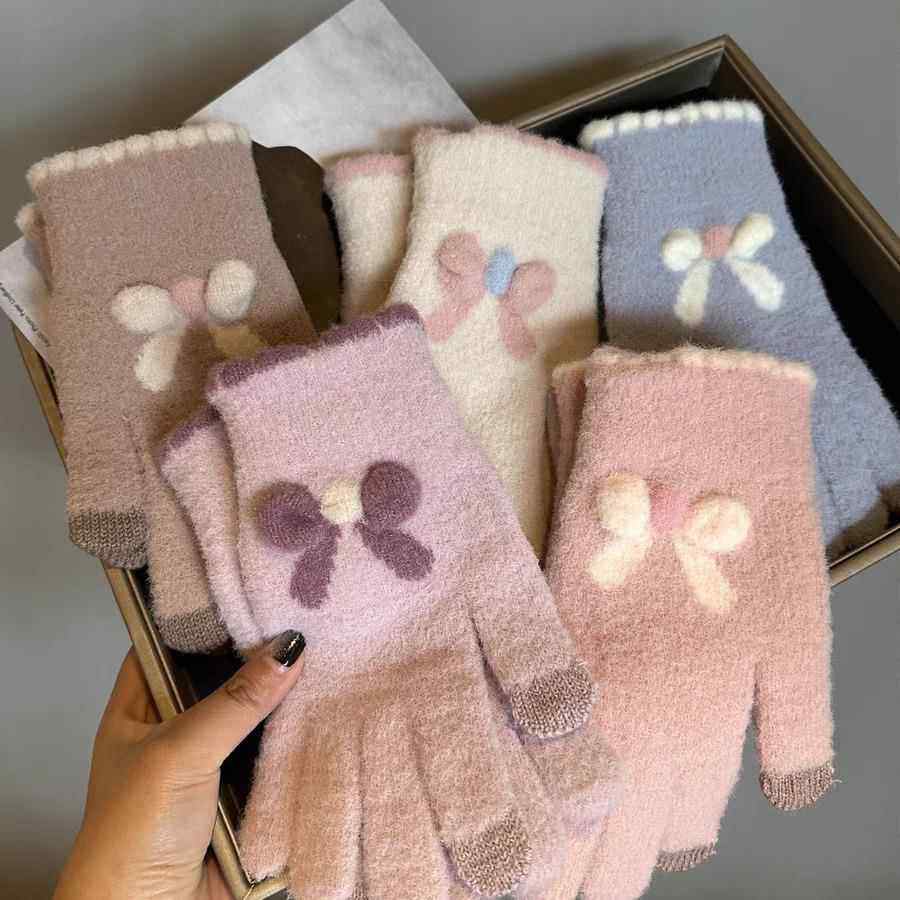 蝴蝶结可保暖骑车针织触屏毛线女五指手套可爱新款秋冬季冬天学生