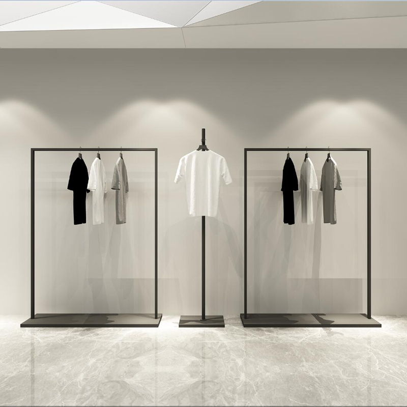 高档服装展示架带板黑色哑光创意新款落地式挂衣架网红陈列架方管