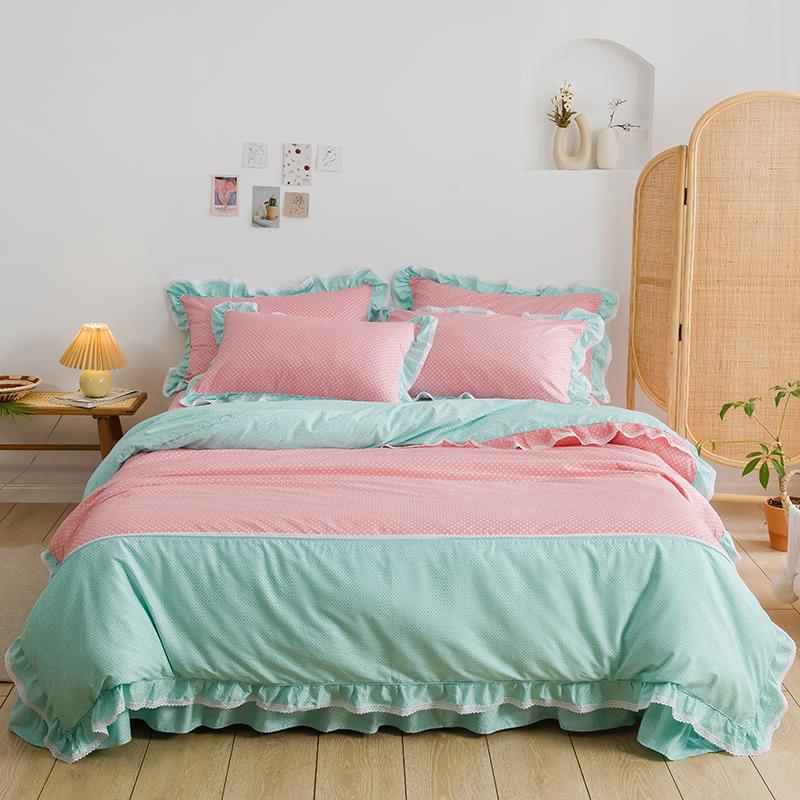 高档全韩版花新边小碎花床棉主单四件套粉色公风小清四件套床上用