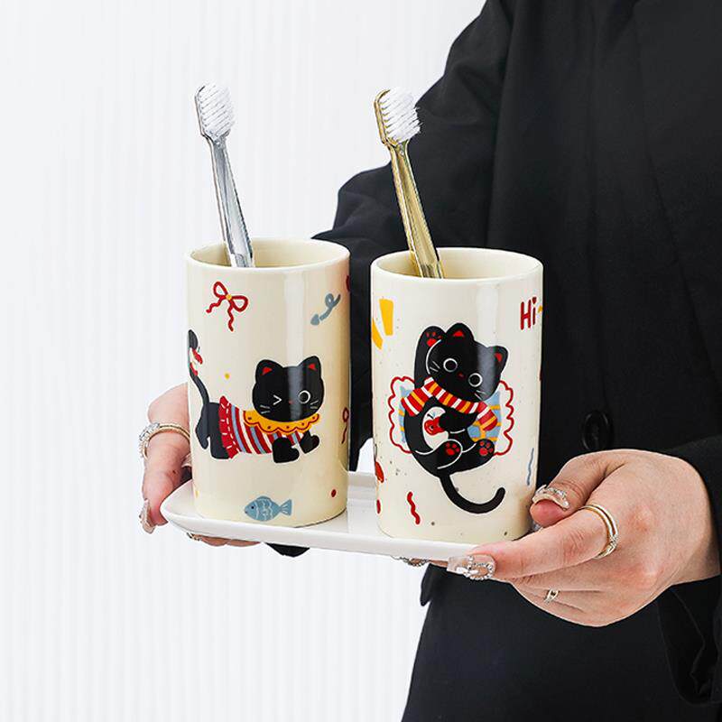 可爱猫咪陶瓷漱口杯一对家用牙刷杯情侣洗漱杯套装牙缸牙具杯子
