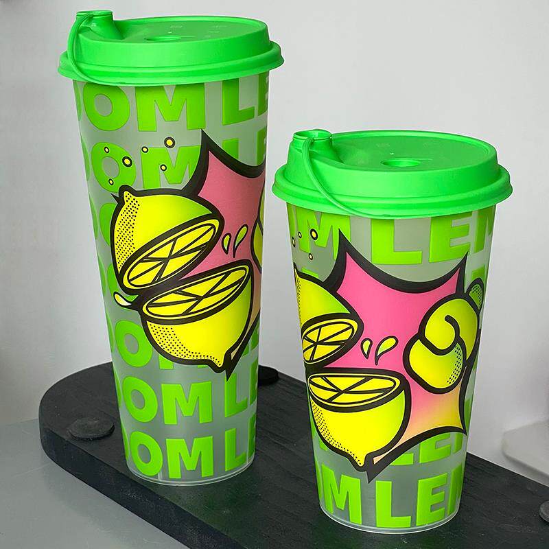 新品暴打柠檬茶杯子磨砂700ml注塑杯一次性奶茶杯商用带盖定制500