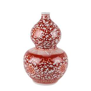 景德镇陶瓷器手绘矾红缠枝莲葫芦瓶中式插花家居客厅玄关摆件批发