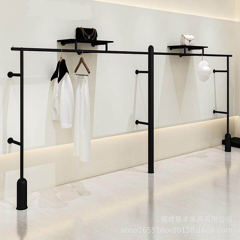 新款直销简约服装店展示架上墙铁艺婚纱店男女装黑色层板侧挂衣架