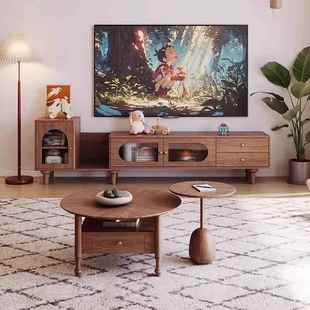 205美式 复744古茶几电组视柜小户型设计师客厅家用合实木小圆2形