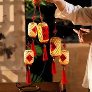 竹编小灯笼摆件儿童花灯长灯笼手工编织发光灯笼中式简约文创礼品