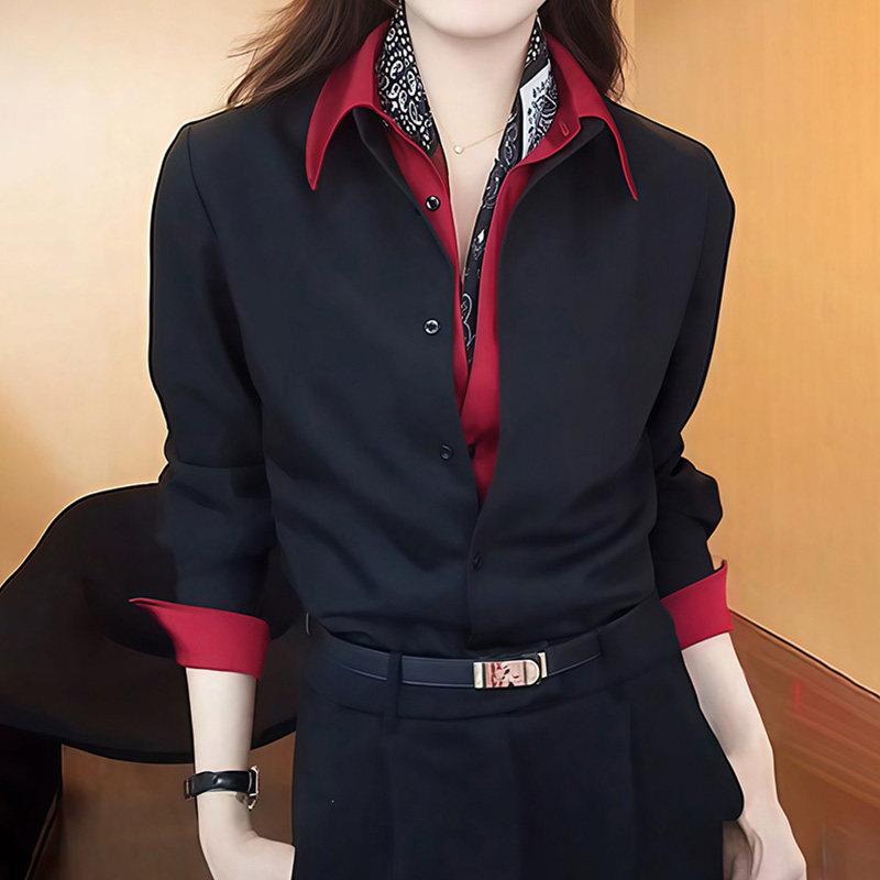 极速欧货时尚高级感港风假两件撞色领长袖衬衫女春设计感显瘦黑色