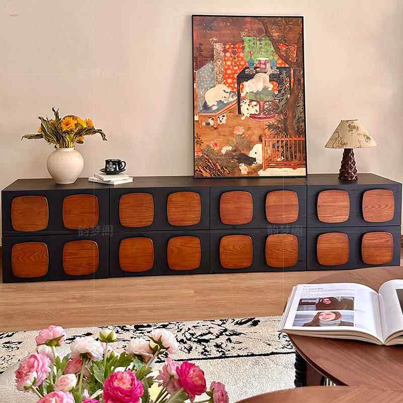 中古风实木斗柜客厅餐柜床头柜储物沙发边柜2025新款落地电视柜