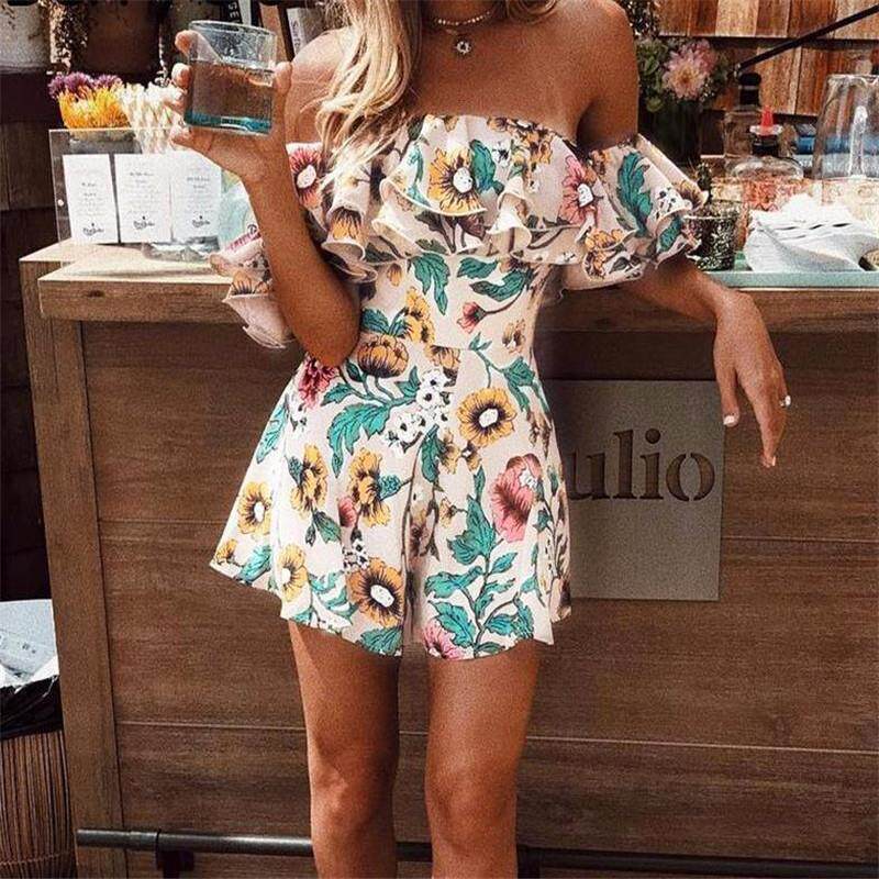 Jumpsuit with ruffle print off shoulder连体裤荷叶边印花露肩