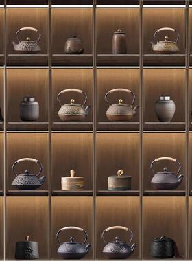 新中式茶室博古架茶柜茶具铁壶茶壶茶叶罐茶道覆古风装饰禅意摆件