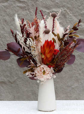 插蒲扇成品混高级尤加利搭叶花瓶花干花雪莲花花束感家居红色真
