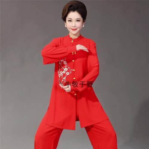 高档年牛木叶春秋棉麻女子武术练太极雅服拳中长晨练演出中老演出