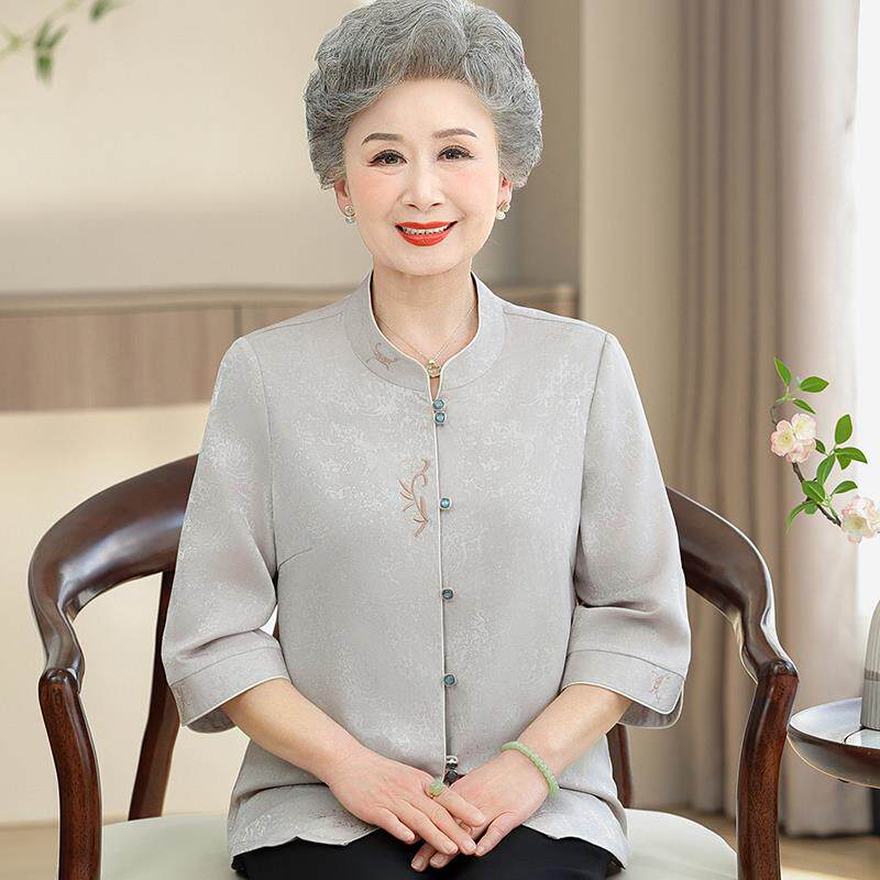 绣花中老年人奶奶夏装桑蚕丝衬衫女开衫两件套喜宴真丝立领上衣薄