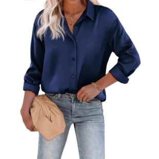 Casual Shirt Loose Womens Button Top Silk Sleeve Down Satin