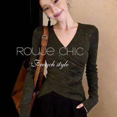 法国rouje chic春季新款绿色简约风V领烫钻针织衫女法式掐腰显瘦