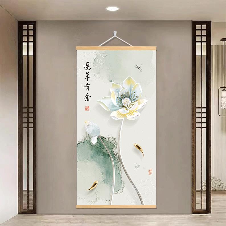 新中式荷花装饰画入户门玄关客厅装饰画挂布背景布布艺挂画遮挡画图片