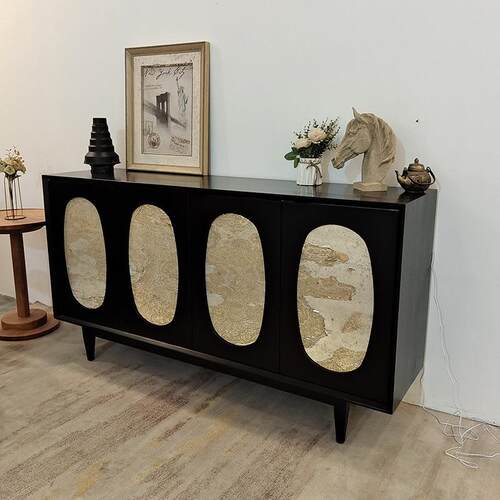 法式复古黑色实木餐边柜高端追光边柜中古风玄关柜入户门门厅柜斗
