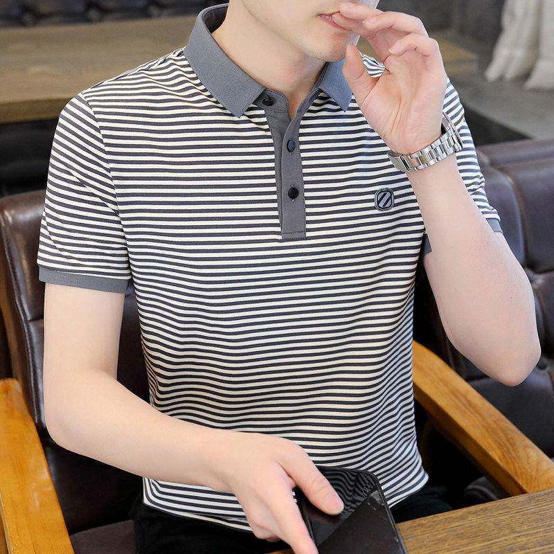 2026新款条纹短袖Polo衫男翻领百搭潮流修身t恤夏季男士薄款半袖