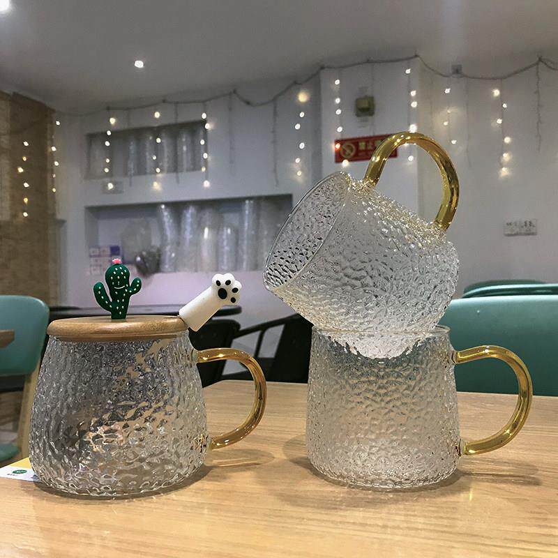 高硼硅锤纹杯玻璃杯带把盖茶杯花茶杯家用贵妃菠萝杯玻璃水杯