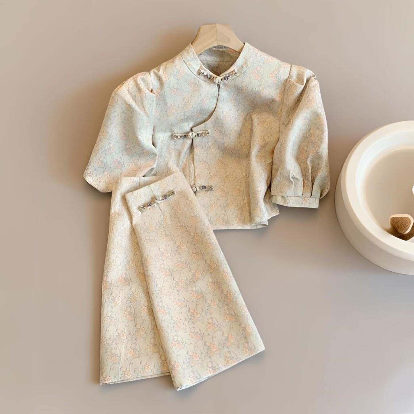 新中式国风高级感轻奢套装女夏小个子气质绝美盘扣上衣高腰半身裙