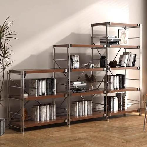 YJ-ZWJ日式钢木置物架落地多层客厅阳储物架书架家台收用厨房波微