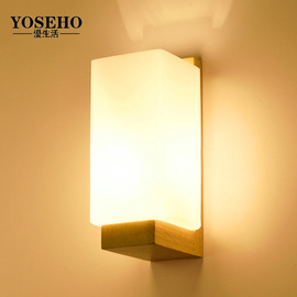 日式木艺床头壁灯卧室，简约现代实木中式北欧创意客厅过道酒店灯具