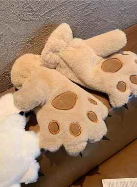 冬季卡通可爱熊掌猫爪毛绒手女防户外厚挂脖学生加QKZ绒加套风情