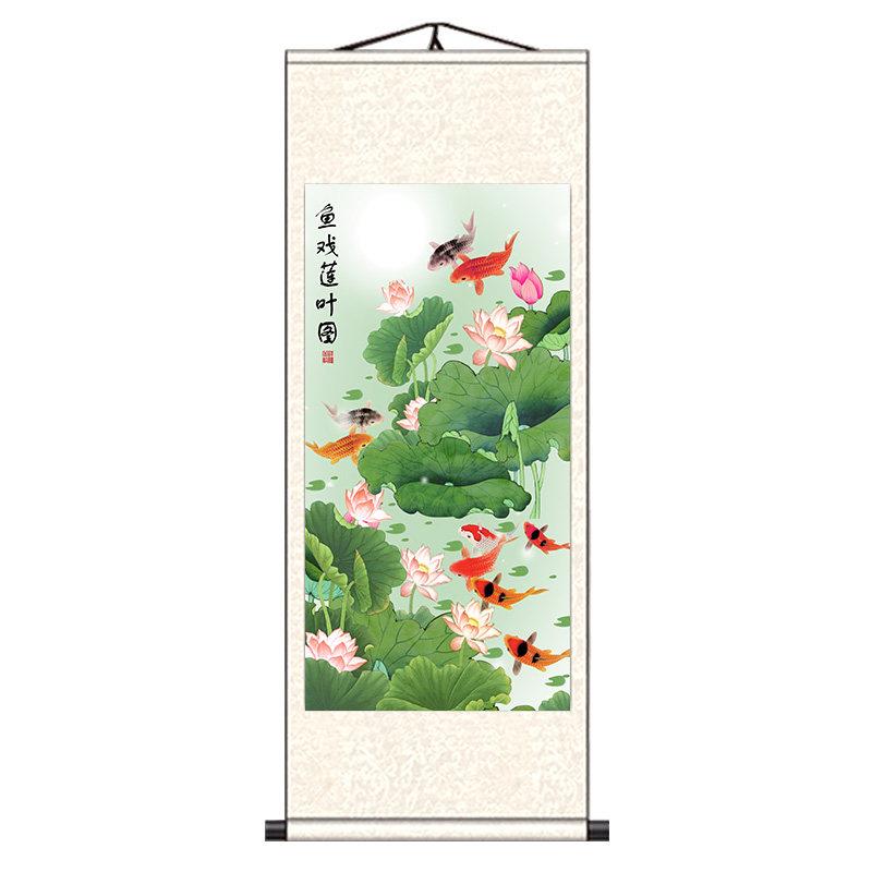 工笔牡丹风水招财玄关荷花九鱼图客厅卷轴挂画竖版装饰 国画定制