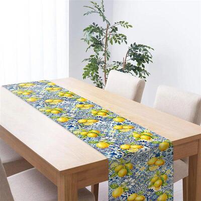 Summer Lemon Tiles Linen Table Runner Holiday Party Decor Re