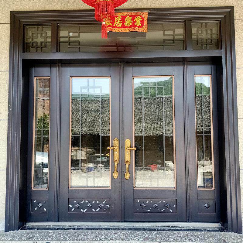别墅大门双开门锌合金钢化玻璃门入户门农村自建房四开大门进户门